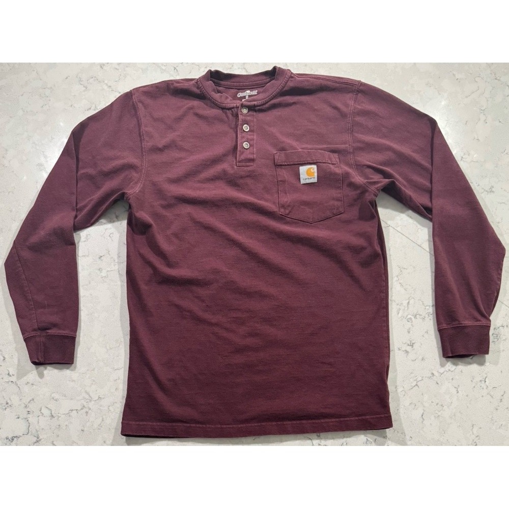 Carhartt K128 Henley T-Shirt Mens Small Burgundy Maroon Long Sleeve Pocket Logo